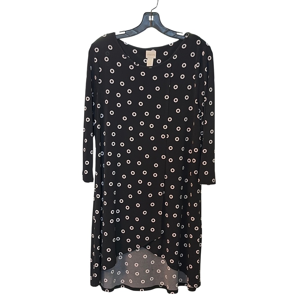 Chicos Black White Geometric Donut Print Tunic Top Long Sleeve Tulip Hem Size 1
